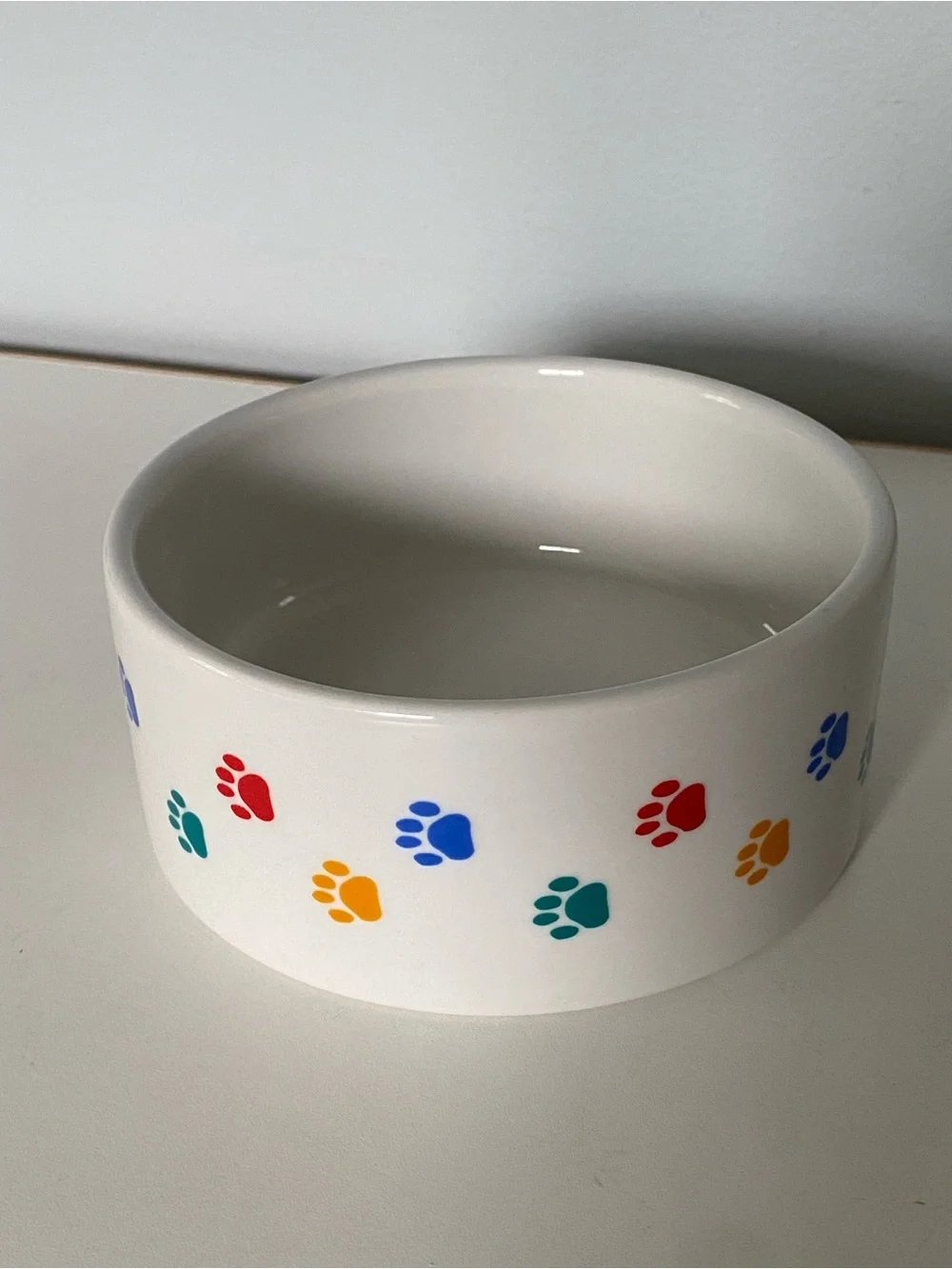 Spot Brand Dog Bowl White With Colorful Paw Prints Ceramic Pet 5” Cat Dish EUC